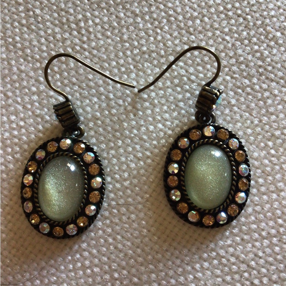 Elegant Antique Gold & opaque green with Rhinestone drop Earrings